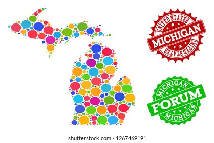 Social network map of Michigan State and grunge stamp seals in red and green colors. Mosaic map of Michigan State is composed with communication clouds.