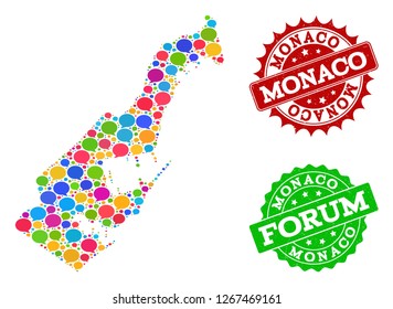 Social network map of Monaco and grunge stamp seals in red and green colors. Mosaic map of Monaco is designed with tag bubbles. Abstract design elements for social network projects.