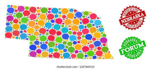 Social network map of Nebraska State and rubber stamp seals in red and green colors. Mosaic map of Nebraska State is designed with comment messages.