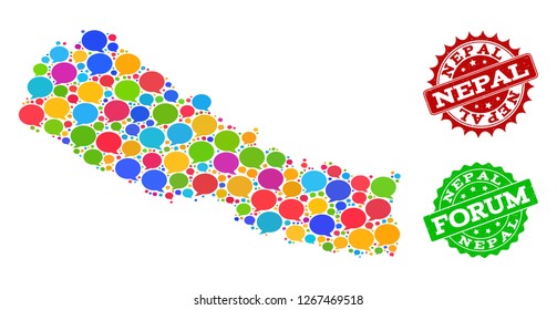 Social network map of Nepal and rubber stamp seals in red and green colors. Mosaic map of Nepal is created with conversation bubbles. Flat design elements for social network applications.