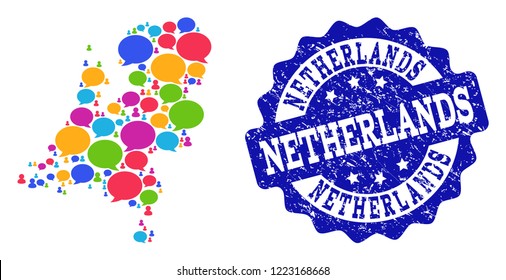Social network map of Netherlands and blue rubber stamp seal. Mosaic map of Netherlands is formed with conversation bubbles. Abstract design elements for social network purposes.