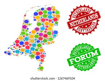 Social network map of Netherlands and rubber stamp seals in red and green colors. Mosaic map of Netherlands is formed with communication messages. Flat design elements for social network applications.