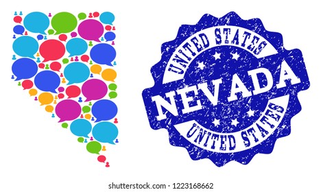 Social network map of Nevada State and blue distress stamp seal. Mosaic map of Nevada State is created with speech bubbles. Flat design elements for social network posters.
