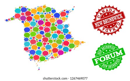 Social network map of New Brunswick Province and distress stamp seals in red and green colors. Mosaic map of New Brunswick Province is created with forum clouds.