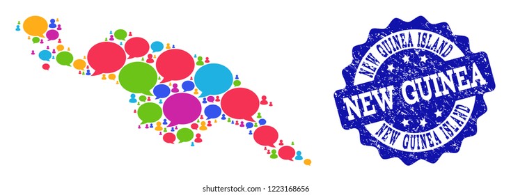 Social network map of New Guinea Island and blue rubber stamp seal. Mosaic map of New Guinea Island is created with media messages. Flat design elements for social network illustrations.