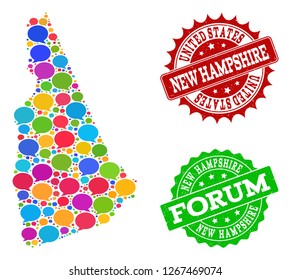 Social network map of New Hampshire State and grunge stamp seals in red and green colors. Mosaic map of New Hampshire State is created with dialog clouds.