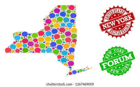 Social network map of New York State and rubber stamp seals in red and green colors. Mosaic map of New York State is created with speak messages. Flat design elements for social network illustrations.