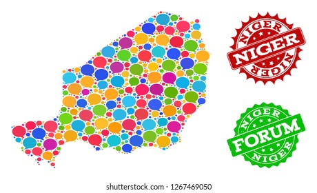 Social network map of Niger and scratched stamp seals in red and green colors. Mosaic map of Niger is formed with chat bubbles. Flat design elements for social network purposes.