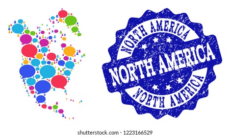 Social network map of North America and blue rubber stamp seal. Mosaic map of North America is created with conversation bubbles. Abstract design elements for social network applications.