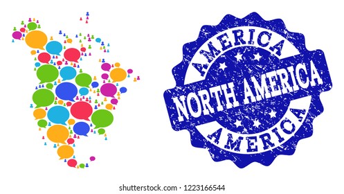 Social network map of North America and blue grunge stamp seal. Mosaic map of North America is created with talk bubbles. Abstract design elements for social network illustrations.