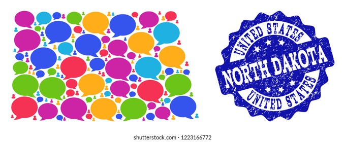 Social network map of North Dakota State and blue rubber stamp seal. Mosaic map of North Dakota State is designed with forum messages. Abstract design elements for social network applications.