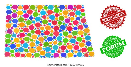 Social network map of North Dakota State and grunge stamp seals in red and green colors. Mosaic map of North Dakota State is formed with forum messages.