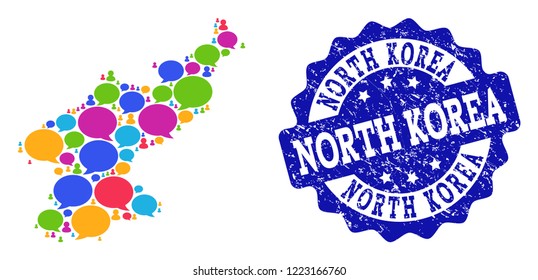 Social network map of North Korea and blue grunge stamp seal. Mosaic map of North Korea is formed with tag clouds. Abstract design elements for social network posters.