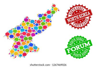 Social network map of North Korea and distress stamp seals in red and green colors. Mosaic map of North Korea is formed with media clouds. Abstract design elements for social network illustrations.