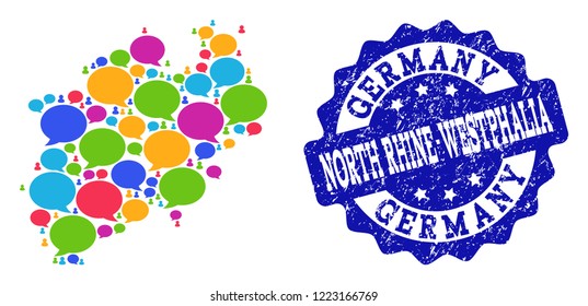 Social network map of North Rhine-Westphalia State and blue rubber stamp seal. Mosaic map of North Rhine-Westphalia State is designed with tag clouds.