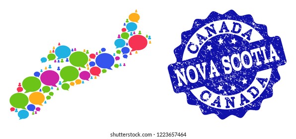 Social network map of Nova Scotia Province and blue grunge stamp seal. Mosaic map of Nova Scotia Province is designed with discussion messages. Abstract design elements for social network projects.