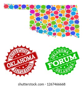 Social network map of Oklahoma State and rubber stamp seals in red and green colors. Mosaic map of Oklahoma State is formed with word bubbles. Abstract design elements for social network projects.