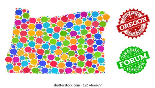 Social network map of Oregon State and rubber stamp seals in red and green colors. Mosaic map of Oregon State is composed with dialog messages. Abstract design elements for social network purposes.