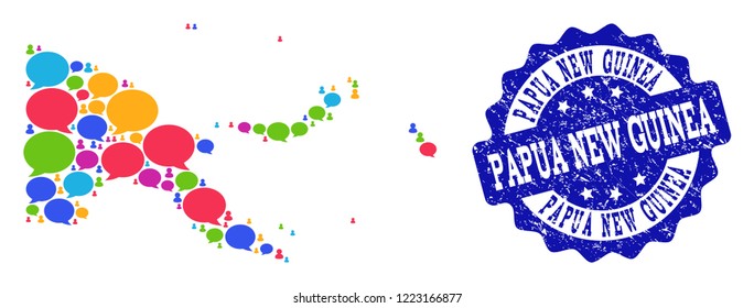 Social network map of Papua New Guinea and blue scratched stamp seal. Mosaic map of Papua New Guinea is designed with discussion clouds. Abstract design elements for social network purposes.