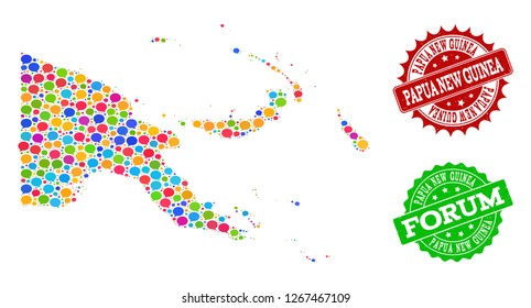 Social network map of Papua New Guinea and scratched stamp seals in red and green colors. Mosaic map of Papua New Guinea is created with tag clouds.