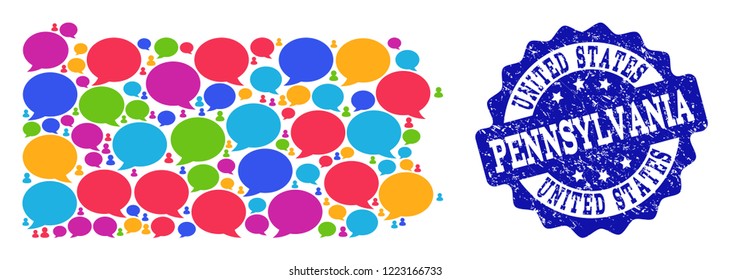 Social network map of Pennsylvania State and blue rubber stamp seal. Mosaic map of Pennsylvania State is designed with speech clouds. Flat design elements for social network posters.