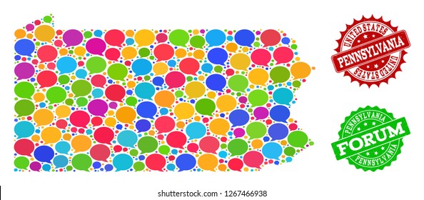 Social network map of Pennsylvania State and scratched stamp seals in red and green colors. Mosaic map of Pennsylvania State is composed with speech messages.