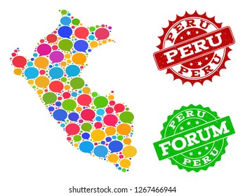 Social network map of Peru and rubber stamp seals in red and green colors. Mosaic map of Peru is composed with tag clouds. Flat design elements for social network projects.