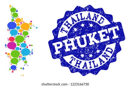 Social network map of Phuket and blue scratched stamp seal. Mosaic map of Phuket is formed with communication clouds. Abstract design elements for social network applications.