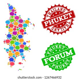 Social network map of Phuket and rubber stamp seals in red and green colors. Mosaic map of Phuket is composed with chat messages. Flat design elements for social network purposes.