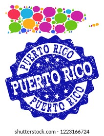 Social network map of Puerto Rico and blue distress stamp seal. Mosaic map of Puerto Rico is created with forum bubbles. Flat design elements for social network projects.