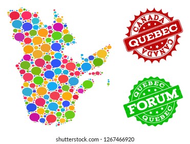 Social network map of Quebec Province and scratched stamp seals in red and green colors. Mosaic map of Quebec Province is formed with discussion bubbles. Flat design elements for social applications.