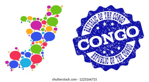 Social network map of Republic of the Congo and blue rubber stamp seal. Mosaic map of Republic of the Congo is composed with speech messages. Abstract design elements for social posters.