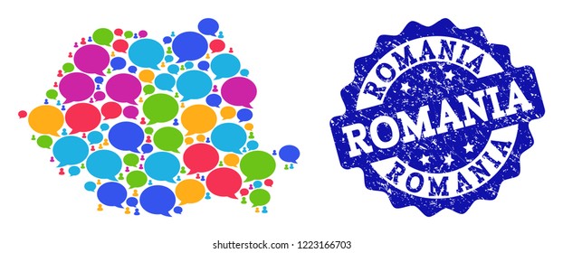 Social network map of Romania and blue scratched stamp seal. Mosaic map of Romania is formed with media messages. Flat design elements for social posters.