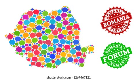 Social network map of Romania and rubber stamp seals in red and green colors. Mosaic map of Romania is formed with blog clouds. Flat design elements for social network illustrations.