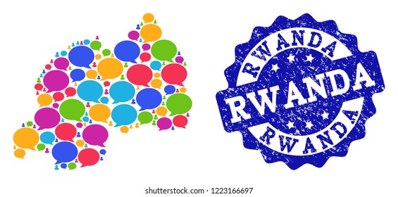 Social network map of Rwanda and blue scratched stamp seal. Mosaic map of Rwanda is composed with forum bubbles. Flat design elements for social network purposes.