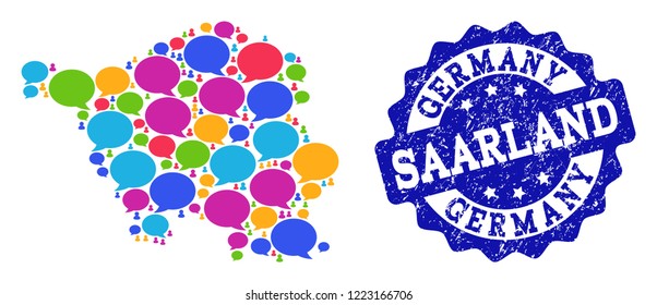 Social network map of Saarland State and blue grunge stamp seal. Mosaic map of Saarland State is composed with forum messages. Flat design elements for social network projects.