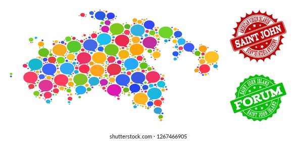 Social network map of Saint John Island and grunge stamp seals in red and green colors. Mosaic map of Saint John Island is created with forum clouds.