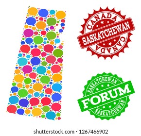 Social network map of Saskatchewan Province and rubber stamp seals in red and green colors. Mosaic map of Saskatchewan Province is designed with communication clouds.