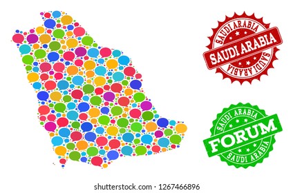Social network map of Saudi Arabia and scratched stamp seals in red and green colors. Mosaic map of Saudi Arabia is created with comment bubbles. Flat design elements for social network projects.