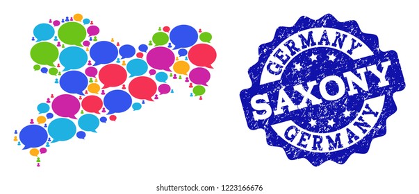 Social network map of Saxony State and blue distress stamp seal. Mosaic map of Saxony State is formed with speech messages. Abstract design elements for social network projects.