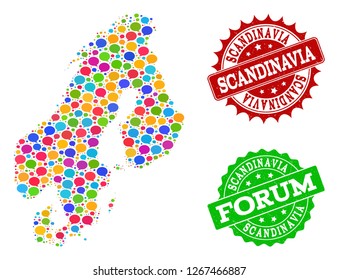 Social network map of Scandinavia and distress stamp seals in red and green colors. Mosaic map of Scandinavia is composed with speak clouds. Flat design elements for social network posters.