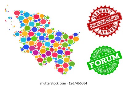 Social network map of Schleswig-Holstein State and distress stamp seals in red and green colors. Mosaic map of Schleswig-Holstein State is composed with communication clouds.