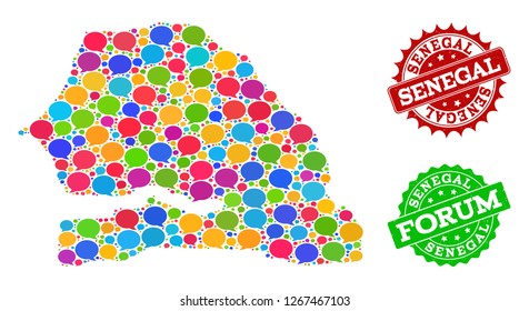 Social network map of Senegal and scratched stamp seals in red and green colors. Mosaic map of Senegal is formed with talk clouds. Abstract design elements for social network illustrations.