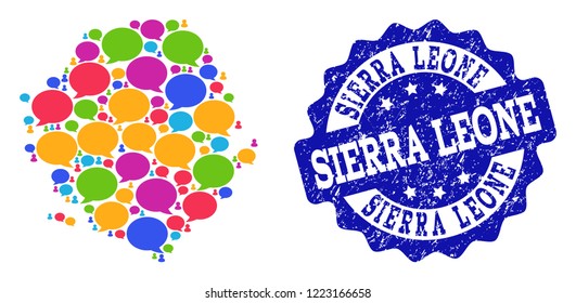 Social network map of Sierra Leone and blue scratched stamp seal. Mosaic map of Sierra Leone is created with media bubbles. Flat design elements for social network projects.