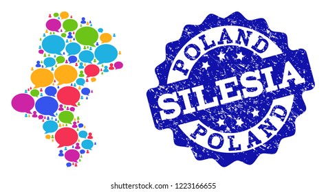 Social network map of Silesia Voivodeship and blue distress stamp seal. Mosaic map of Silesia Voivodeship is created with tag messages. Abstract design elements for social network purposes.