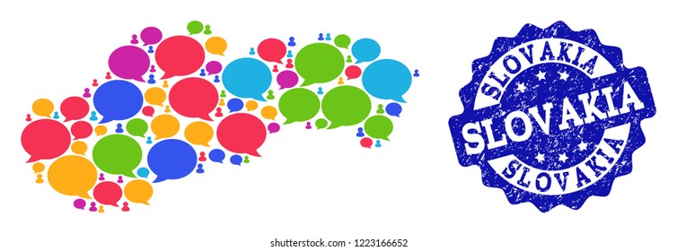 Social network map of Slovakia and blue scratched stamp seal. Mosaic map of Slovakia is created with communication messages. Abstract design elements for social network projects.