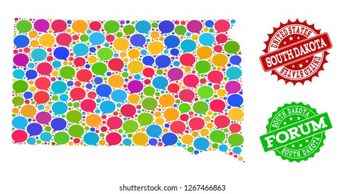 Social network map of South Dakota State and distress stamp seals in red and green colors. Mosaic map of South Dakota State is designed with blog messages.