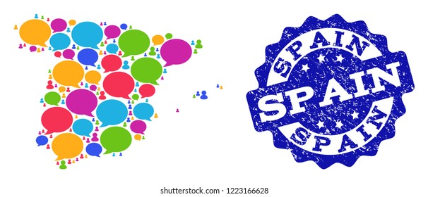 Social network map of Spain and blue distress stamp seal. Mosaic map of Spain is created with comment bubbles. Abstract design elements for social network illustrations.