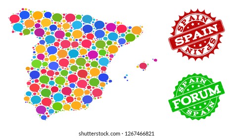 Social network map of Spain and rubber stamp seals in red and green colors. Mosaic map of Spain is created with communication bubbles. Abstract design elements for social network posters.