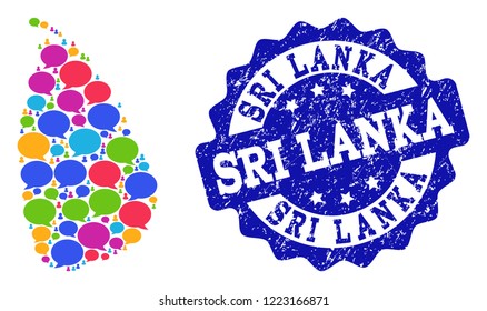 Social network map of Sri Lanka and blue rubber stamp seal. Mosaic map of Sri Lanka is designed with tag bubbles. Abstract design elements for social network posters.